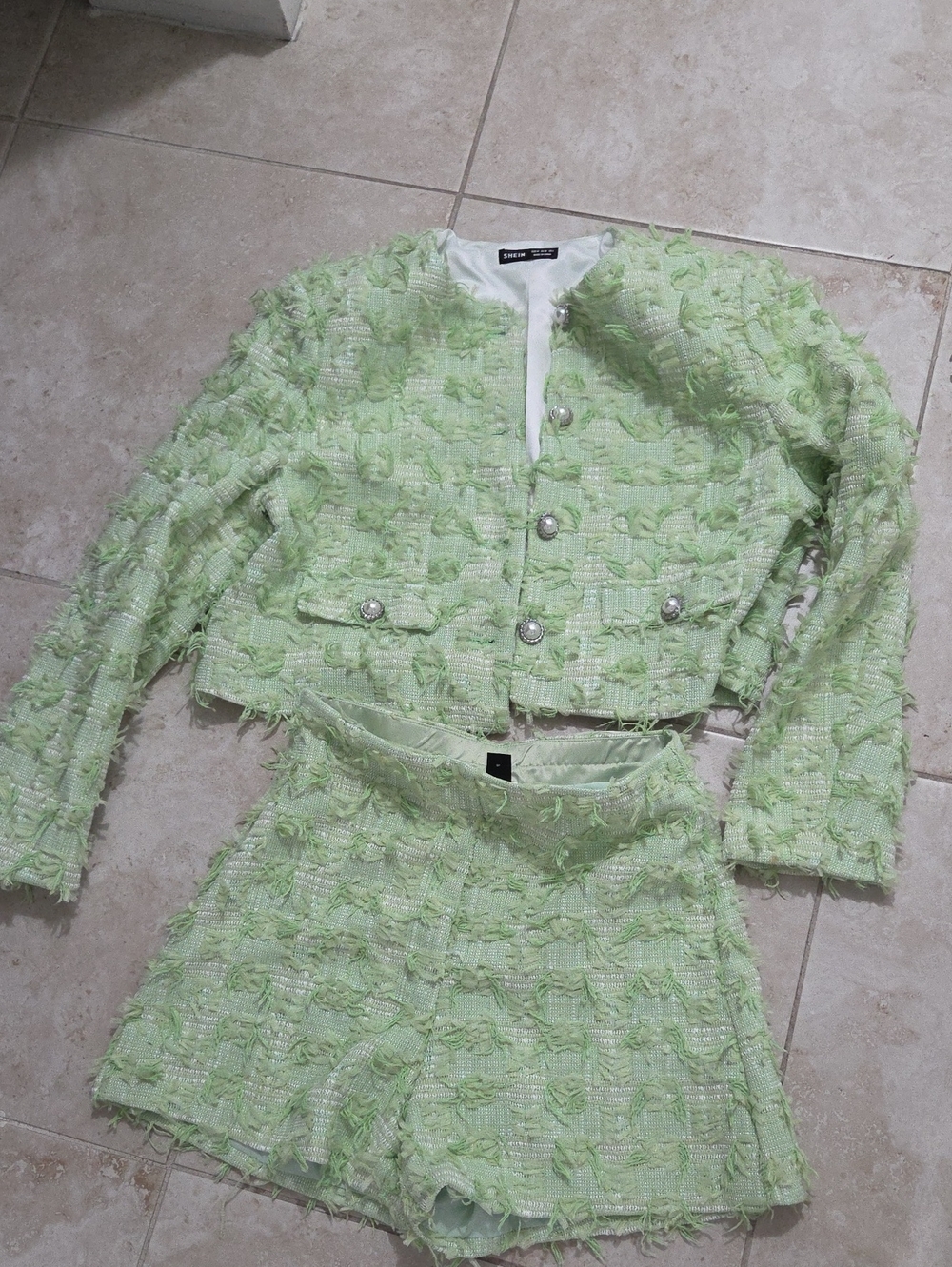 SHEIN Light Green Tweed Two-Piece Skirt Set with Pearl Buttons
